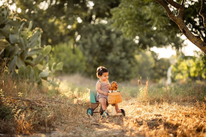 פעוטה על אופני עץ עם סל קש בשביל זהוב — צילומי גיל שנה בטבע